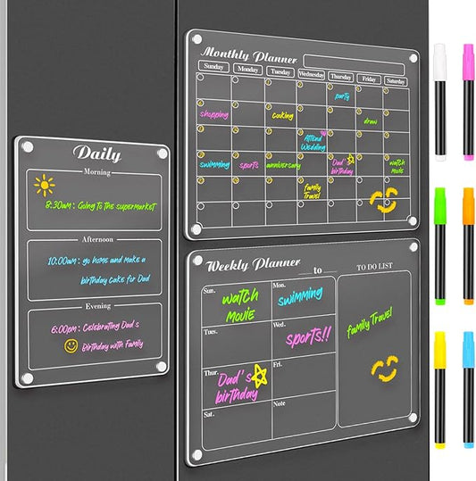 DIYMAG Magnetic Calendar for Refrigerator 3 PCS Dry Erase Whiteboard 15.2"x11.2" Magnet Fridge Monthly Weekly Daily White Board Planning Acrylic Clear Apartment Decor Meal Planner with 6 Colors Markers
