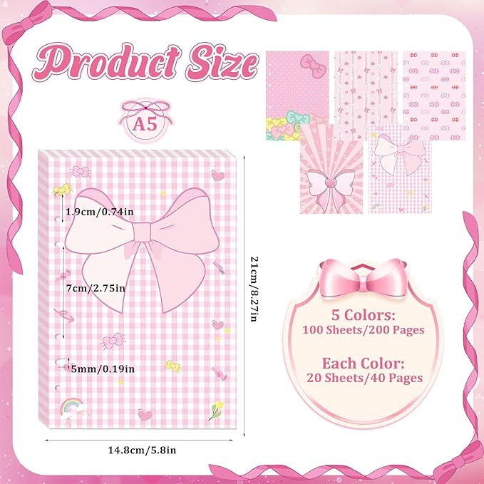 100 Sheets Pink Bow A5 Planner Inserts - 120GSM Thick Bowknot Refill Papers for A5 6-Ring Binder, Cute Cartoon Cat Loose Leaf Sheets for Journal Diary Creative Planning Budget Girls Women