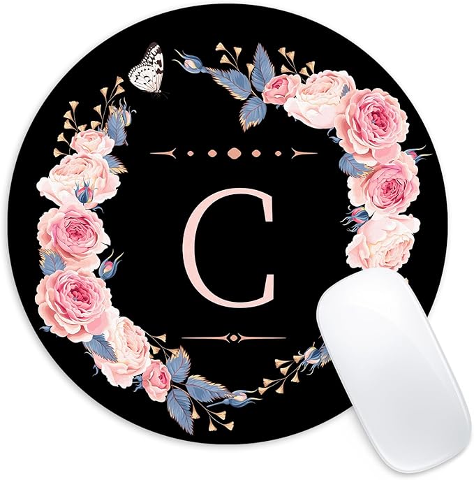 Letter C Black and Pink Flowers Round Mouse Pad, Funny Small Mouse with Non-Slip Rubber Base, Home Office Decor Desk Accessory, 8.7inch Round