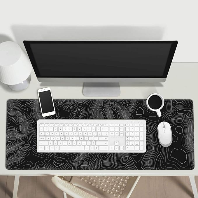 Topography Map Lines Contour Geographic Black XXL XL Large Gaming Mouse Pad for Desk, Non-Slip Long Extended Keyboard Pads Mousepad Rubber Table Mat 31.5 X 11.8 Inch