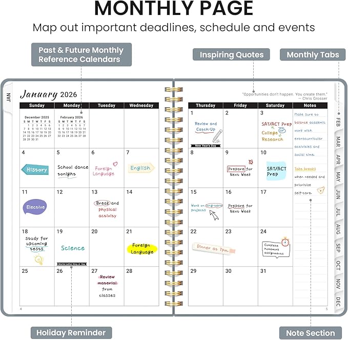 2026 Planner, Weekly and Monthly Calendar Planner, January 2026 - December 2026, Hardcover 2026 Calendar Book with Tabs For Women & Men, Inner Pocket, Spiral Bound, Perfect for Office Home School Supplies - A5 (6.3" x 8.5"), Stone Gray