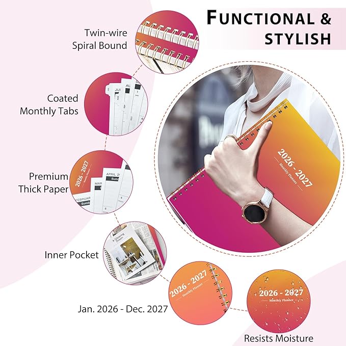 Ymumuda 2026 Monthly Planner - 2 Year Monthly Planner, JAN.2026 to DEC.2027, 8.5" x 11", Large Calendar with Spiral Bound, 24 Coated Tabs,24 Months Perfect for School & Office Schedule, Orange & Pink
