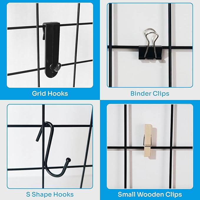 Metal Grid Wall Panel Black, Wire Photo Display Organizer, 17.3"×11.8" Board, Picture Frame, 2-Pack Mesh Memo Board with Clips and Hooks