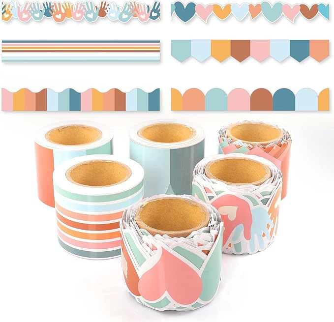 6 Rolls 206.69ft Boho Bulletin Board Decorations, Bulletin Board Borders for Classroom, Rainbow Scalloped Trim Colorful Borders for Back to School Theme Classroom Office Decor Supplies (Boho)