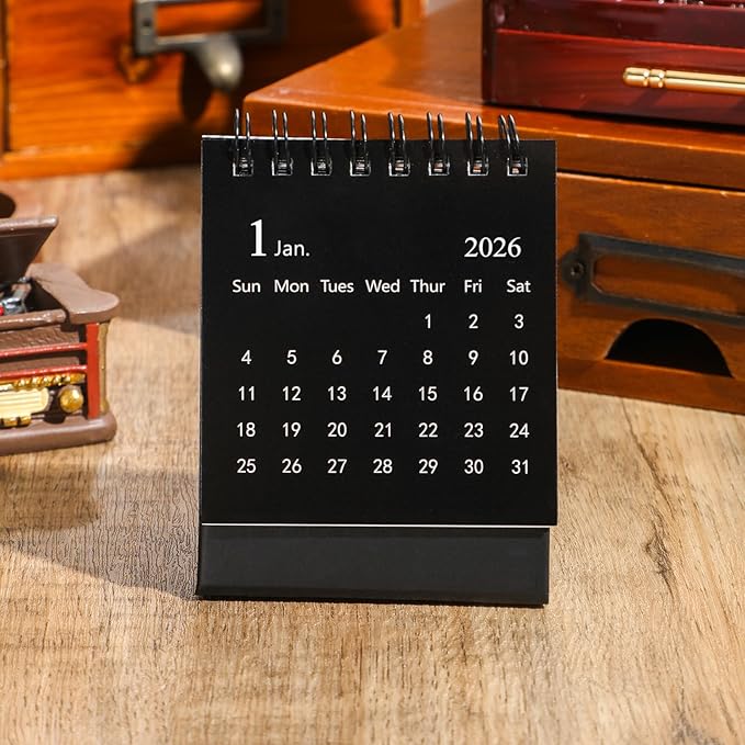 Mini Desk Calendar 2026 - Use January 2026 to June 2027, Small Standing Desk Calendars with Stickers for Home Office School, 250gsm Thick Paper (Mini Black)