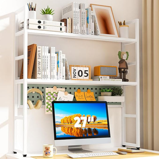 Desk Shelf, 35.43" Desk Hutch Bookshelf, Desktop Shelf with Pegboard for Computer Monitor, Metal Desktop Hutch Storage Organizer for Dorm Home Office, 2 Tier Bookcase, White