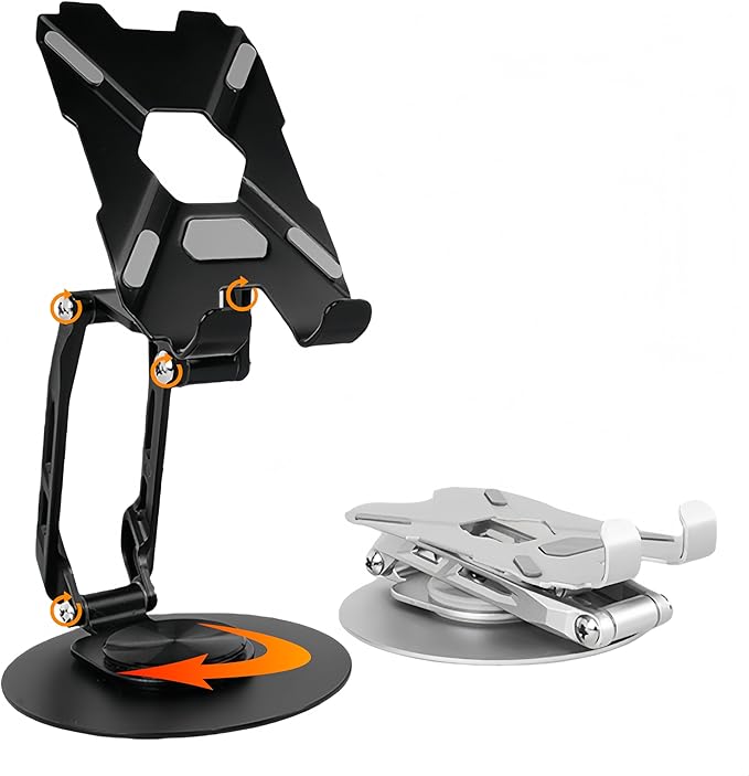 All-Metal Cell Phone Stand 360° Rotatable & Height Adjustable - 25KG Super Load-Bearing, Foldable Desk Stand for Phone & Tablet, Compatible with iPhone 17/16/15/14, Kindle eBook, Silver