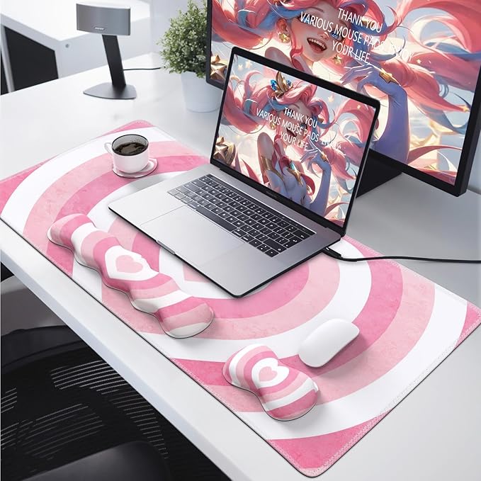 iLeadon Keyboard Mouse Pad Set, Large Gaming Mouse Pad + Keyboard Wrist Rest + Mouse Pad with Wrist Support + Coaster, Easy Typing Pain Relief, Desk Mat Set, Valentines Day present for Her, Pink Heart