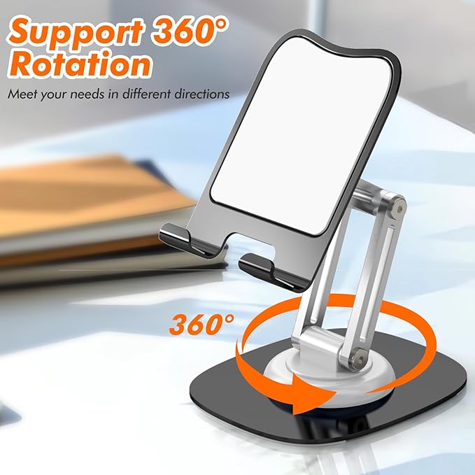 Cell Phone Stand, Fully Adjustable Foldable Desktop Phone Holder, 360 Degree Rotating Desktop Phone Stand for Recording Compatible with iPhone 16 15 14 13 12 Pro Xs Max Xr, White