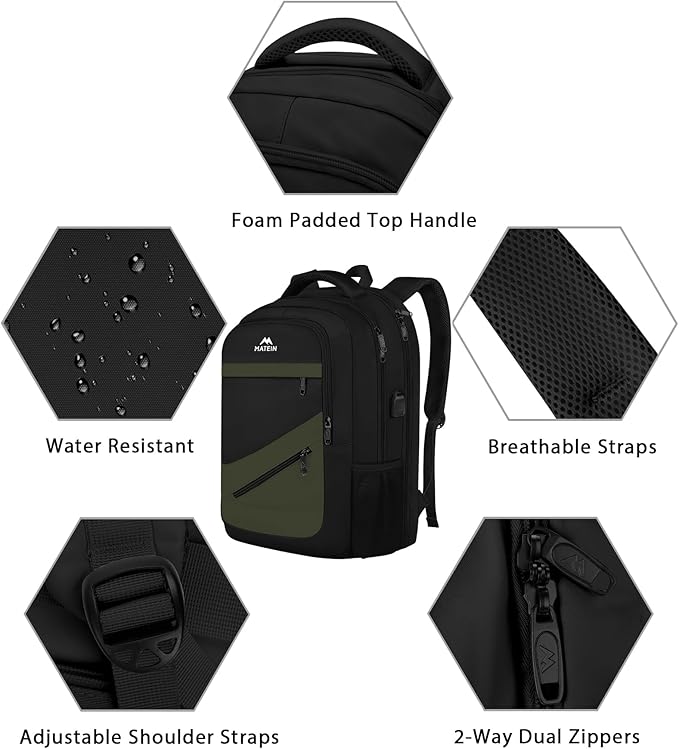 MATEIN 17 Inch Laptop Backpack for Work, Airline Approved Carry On Travel Backpack with USB Charging Port and Luggage Strap, Water Resistant College Computer Daypack Gifts for Men Women, Black Green