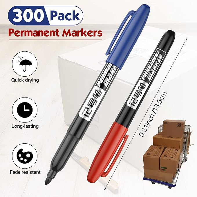 Thenshop 300 Pack Permanent Markers Bulk Back to School First Day of School Gifts Fine Point Waterproof Marker Works on Plastic, Wood, Stone, Metal, Glass for Office Classroom(Black, Red, Blue)