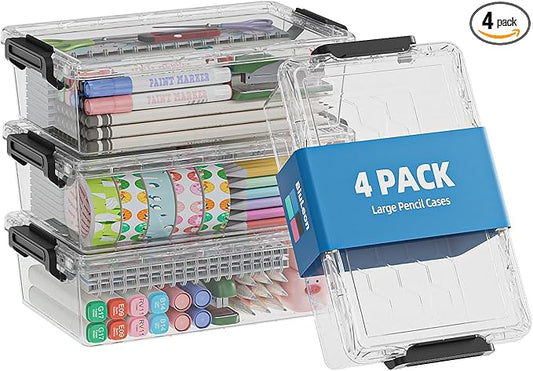 4 Pack Extra Large Pencil Box, Plastic Pencil Case Organizer, Clear Crayon Box Marker Organizer, Stackable Craft Organizers and Storage for Pen, Craft, Art Supply(Black)