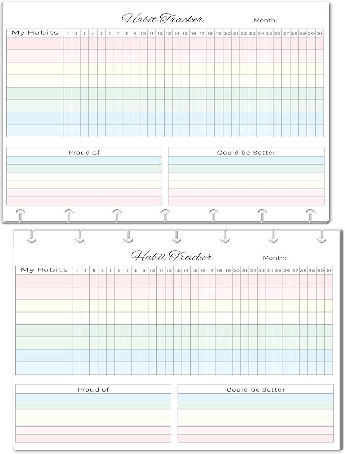 Horizontal Habit Tracker Inserts for 7, 9, 11 Disc | Mini, Classic, Skinny, Big, Letter, Junior Size Planners | Color or Black & White | Monthly Habit Log (Color, 7-Disc Mini)