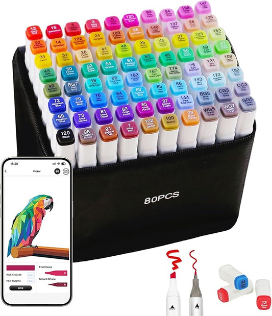 Alcohol Markers with APP, 80 Colors Dual Tip Art Marker for Adults Coloring Books, Alcohol Based Illustration Markers Set for Adult Artist Drawing Sketching Painting Lettering Cards