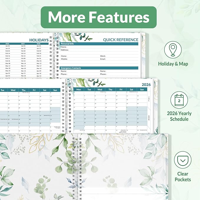 SUNEE 2026 Weekly and Monthly Planner - from January 2026 - December 2026, Daily Agenda Planner with Monthly Tab, Flexible Cover, Note Pages, Pockets, Bookmark, Spiral Binding, Greenery, 6.4" x 8.3"