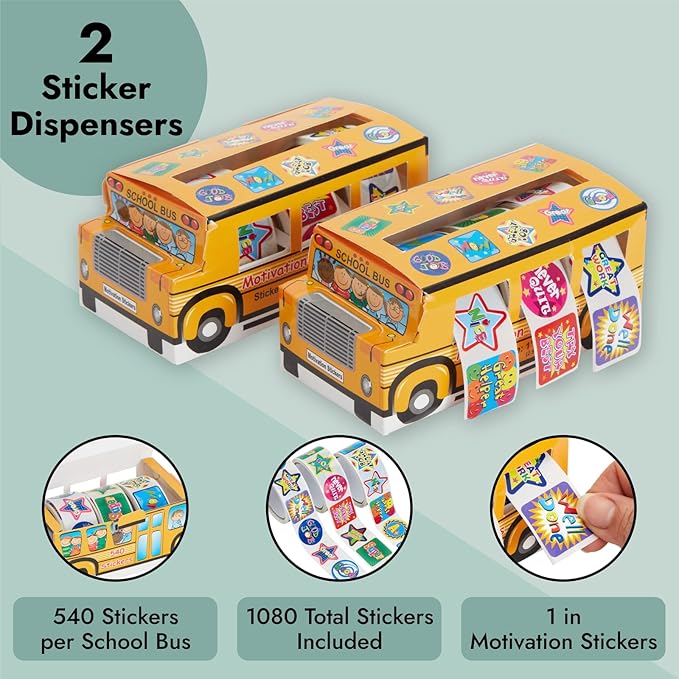 Juvale Teacher Reward Motivational Stickers - 6 Self-Adhesive Rolls (1080 Count) & 2 School Bus Dispensers - 1 in Multicolor Star, Square & Circle Designs - Classroom Essentials & Teacher Supplies