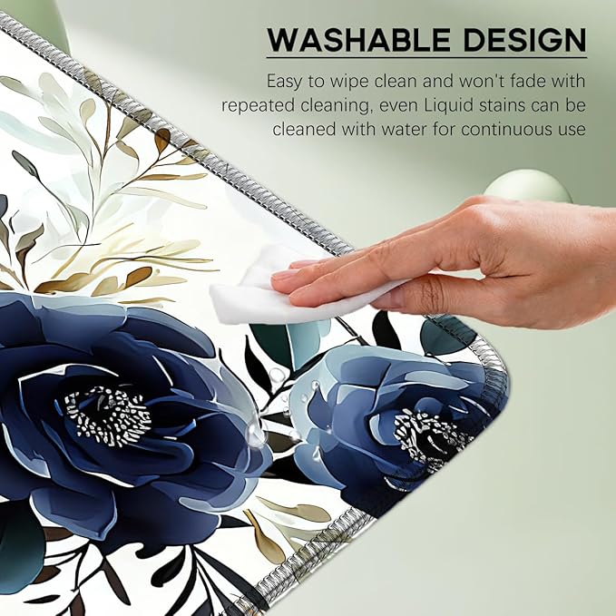 Blue Floral Mouse Pad 31.5x11.8 Inch, Large White Peony Flowers Desk Mat with Non-Slip Base, Micro-Woven Fabric, Stitched Edges for Office Computer