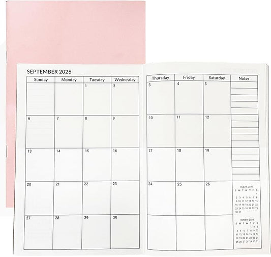 A5 Calendar Planner Jan 2026 - Dec 2027, Travelers Notebook Inserts for 2 Years, Monthly Calendar & Important Dates & Line & Dotted, 100gsm Paper, 8.3 x 5.5 in, 1pcs (Pink)