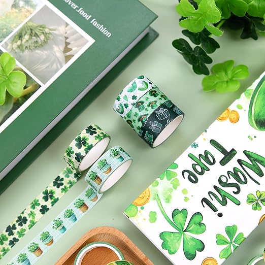St. Patrick's Day Washi Tape Set, 12 Rolls Green Themed Decorative Tape Shamrocks Lucky Masking Tape for Journaling Supplies, Junk Journal, Scrapbooking, DIY Arts & Crafts, Gift Wrapping