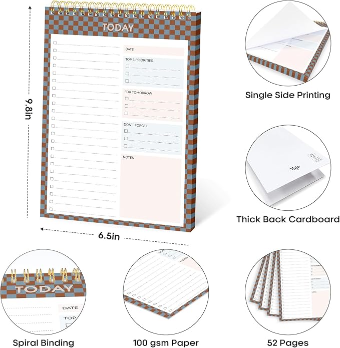 To Do List NotePad, Aesthetic To Do List Notebook for Work With 52 Sheet For Daily Tasks and Goal Setting, Undated Daily Planner Perfect for Office, Home and School Supplies - Earth Checkered