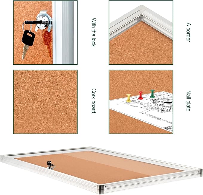 BIBOC Enclosed Bulletin Board,Lockable Cork Noticeboard with Aluminum Frame, Secure Display Case for School Office,Wall Display Case with Lock (Cork, 24×36 inches)