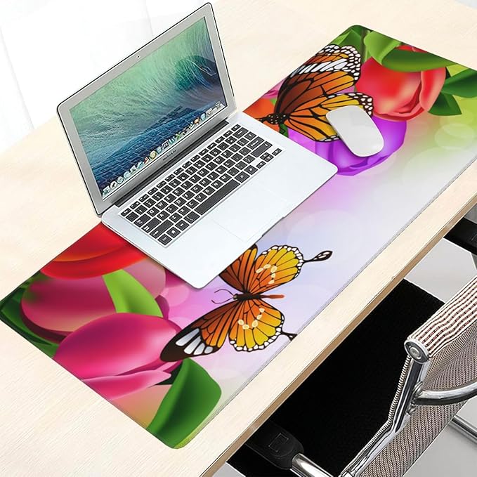Extra Large Mouse Pads Tulip Flowers and Butterflies XXL Extended Mousepad with Stitched Edges Non-Slip Rubber Base Computer Keyboard Pad Desk Mat for Home Office Desk Decor, 35.4" X 15.7"