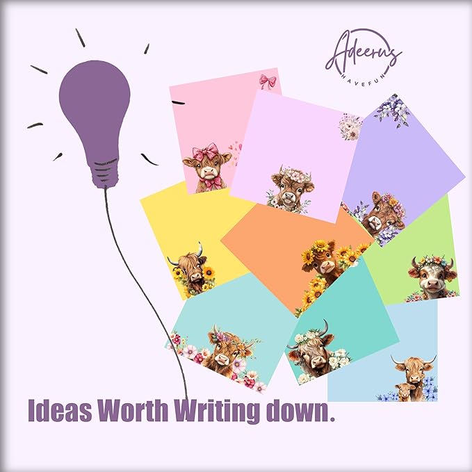 9 Pads Highland Cow Sticky Notes Set, Cute Self-Stick Notepads, Super Adhesive Memo Pads Note Card, Funny Office Decor Gifts, Desk Accessories for Students, Teacher and School Supplies, 3x3in