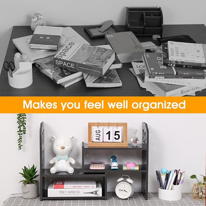 YGYQZ Desk Shelves Desktop Orgnizer Shelf-Black Office Organization for Top of Adjustable Desk Organizers and Corner Bookshelf Table Top Shelving Small Hutch Decorations for Women Office