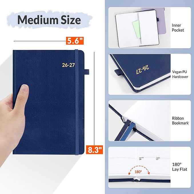SUNEE 2026-2027 Weekly & Monthly Hardcover Planner 5.5" x 8.3" - 12 Month (July 2026 - June 2027), Small Academic Year Calendar Planner, Pocket, Notes, 100 GSM Paper, Deep Blue