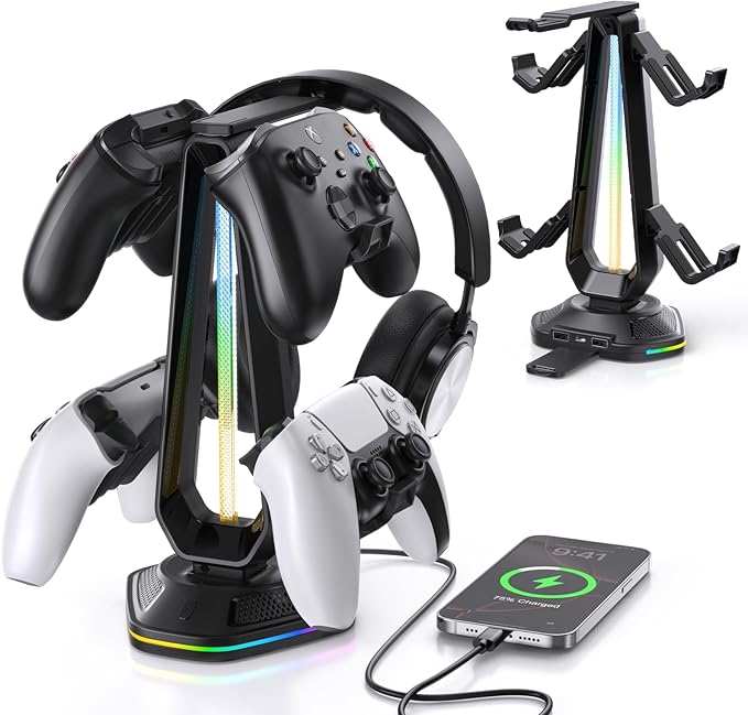 Luckit Gaming Headphones Stand, RGB Headset Stand with 12 Light Modes, Controller Holder with 2 USB Charging Ports - Supports Data Transfer, Earphone Hanger Accessories for Desktop Gamer