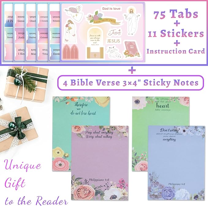 Bible Tabs with Unique Stickers, Laminated Bible Tabs for Women & Men, Christian Gifts, Large Print Bible Tabs for Easy Navigation, Bible Book Index Tabs Labels, Bible Study Supplies, Rainbow BLT1