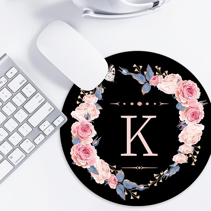 Letter K Black and Pink Flowers Round Mouse Pad - Funny Small Non-Slip Rubber Base Mat for Home Office Decor, Desk Accessories, 8.7 Inch
