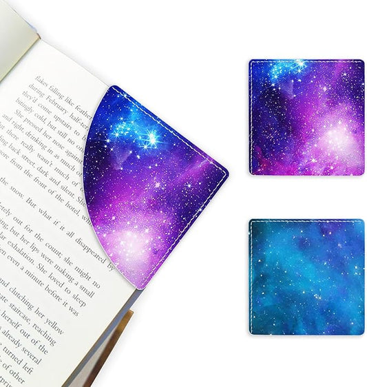 2 Pack Purple Starry Sky Leather Book Corner Bookmark, Durable Handmade Reading Accessories - Gifts for Readers, Women, Men, Teachers, Students