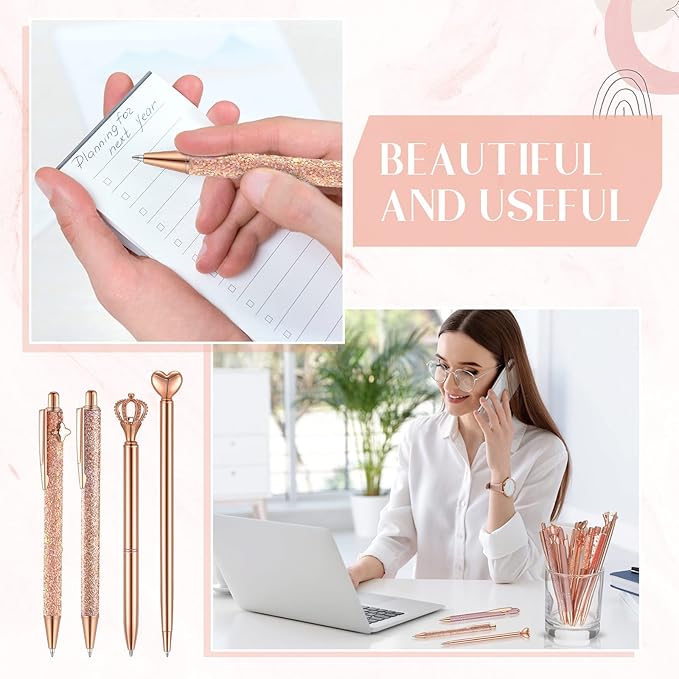 Janmini 9 Pcs Rose Gold Ballpoint Pens Set with Metal Crystal Diamond Design for Women - Fancy Pens for Journaling, Writing, Gifts