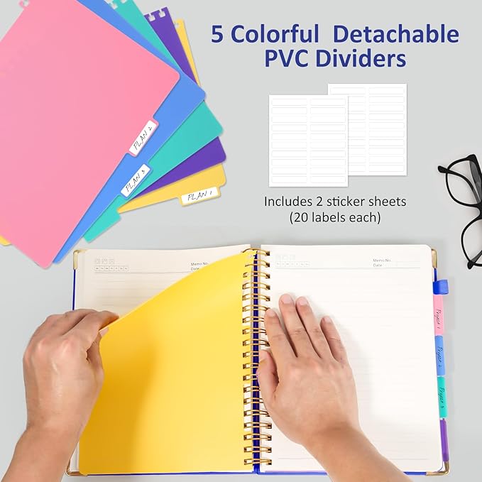 Hardcover Spiral Notebook Journal with Removable PVC Dividers - 8'' x 10'' Large 300 Pages B5 Hardcover Leather Lined Journals Notebook with Tab for Work Note Taking Office Home School Supplies, Blue