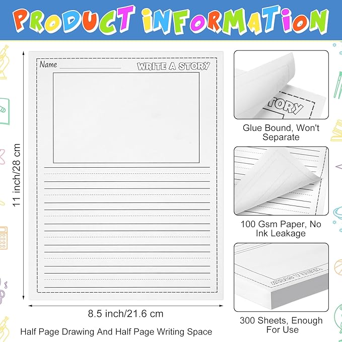300 Sheets Kindergarten Writing Paper Writing Paper for Kids Story, Back to School Supplies Bulk Primary Notebook with Picture Space and Lines 8.5 x 11 Inches Handwriting Papers for Creating
