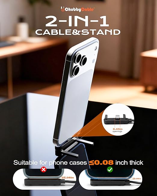 chubbycable StandLite 65W Braided Fast Charge Cable with Built-in Phone Stand T-Shaped Foldable Durable USB A-C Cord 90 Degree USB C Cable Right Angle Multi-Functional Charger Cord, Black, 4.9FT