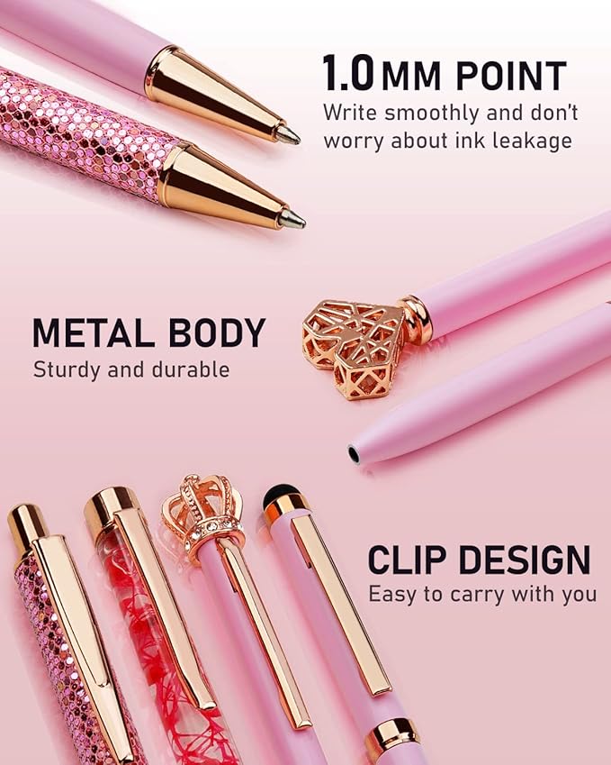 WEMATE 8Pcs Ballpoint Pens Set Metal Crystal Diamond Glitter for Journaling Pink Pen Bling in Black & Blue Ink Pretty Cute Fancy Mothers Day Gift for Women Wedding School Office Desk(Pink)