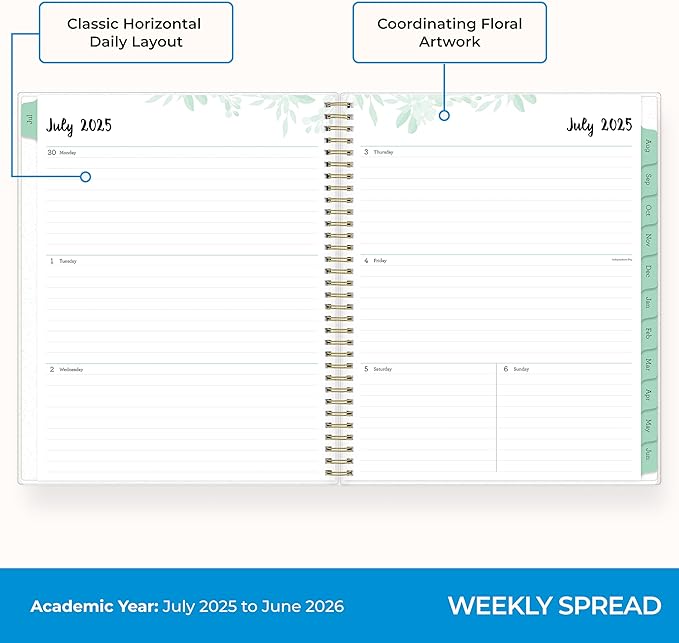 Blue Sky Weekly and Monthly Academic Year Planner Calendar, July - June, Flexible Cover, Wirebound, Laminated Tabs, Laurel (Laurel- 2025/2026, 8.5" x 11")