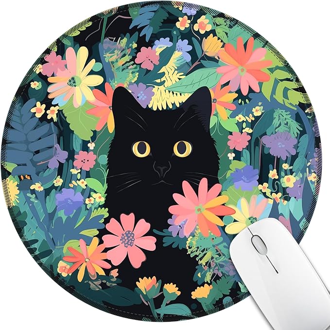 Floral Black Cat Mouse Pad for Desk, Small Cute Mousepad with Non-Slip Base, Round Travel Mouse Pads for Wireless Mouse Laptop, Computer Mouse Mat for Gaming Home Office Desk Accessories