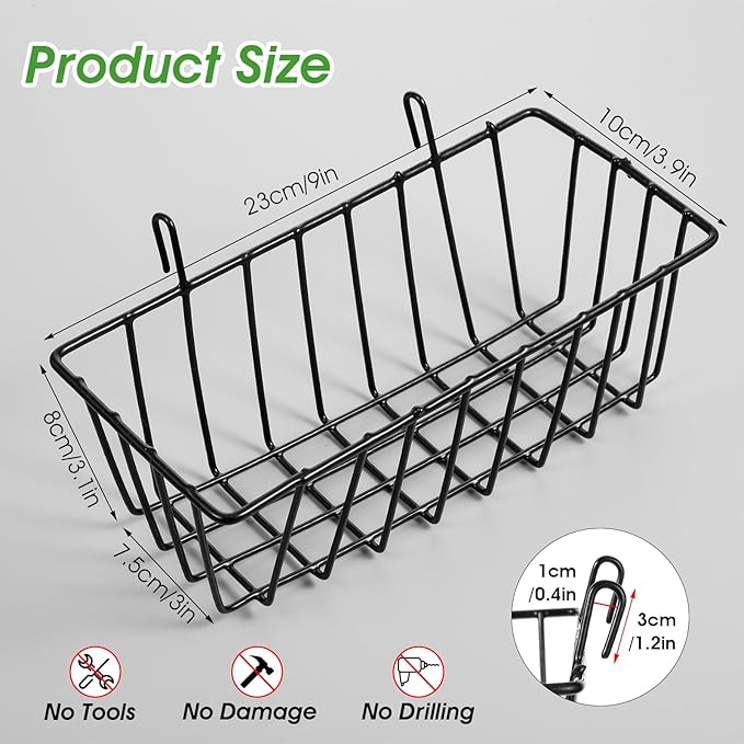 6 Pack Wire Baskets, Hanging Basket for Wall Grid Panel Organizing, Display Wall Baskets for Kitchen, Home Decor, Grid Accessory, Black