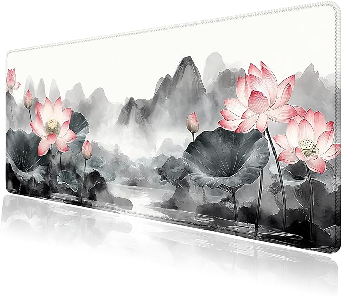 Vintage Lotus Mountain Japanese Large Mouse Pad, Desk Mat Computer Keyboard Pad Non-Slip Rubber Base Waterproof with Stitched Edges for Laptop Gaming, Office & Home 31.5 x 11.8 Inch