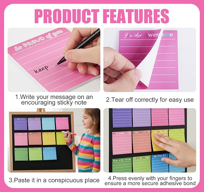12 Pcs Inspirational Sticky Notes with Lines 3x3'' Motivational Sticky Notes Pad Thank You Gift Cute Employee Appreciation Sticky Notes for Teacher Coworkers Office Supplies Students (12 Color)