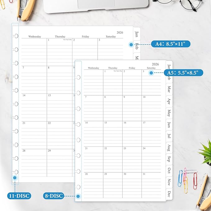2026 Monthly Planner Refill, A5 Medium Size Planner Inserts for 8-Disc Discbound, 5.5"x8.5", Jan. 2026 - Dec. 2026, 12 Monthly Calendars with Laminated Tabs