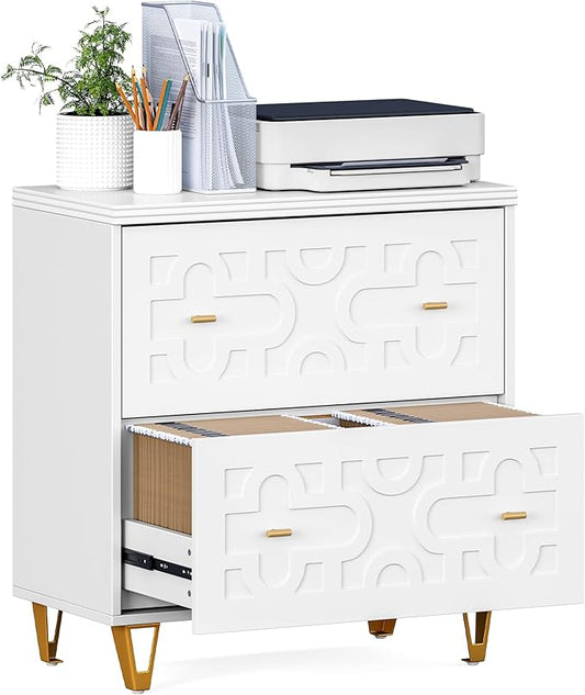 LITTLE TREE 2-Drawer File Cabinet, Under Desk Office Storage Cabinet for Letter Size File Folders with Tabs, Printer Stand, Fitting A4, Modern Home Office Organizer, White