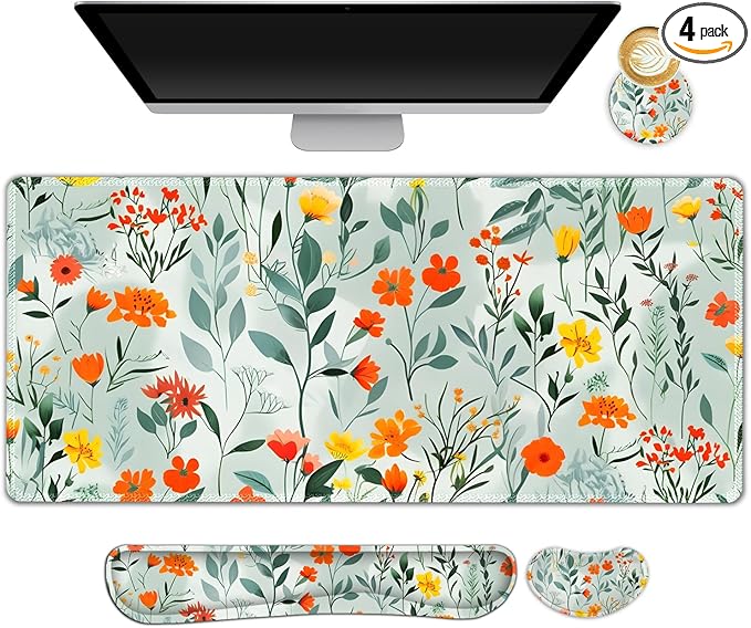 Large Gaming Mouse Pad Set, 4 in 1 Ergonomics Keyboard Desk Mat Memory Foam Wrist Rest, Computer PC Extended Game Mousepad, Non-Slip Desk Matt Easy Typing Pain Relief I Blooming Orange Florals