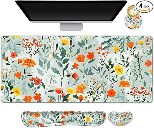 Large Gaming Mouse Pad Set, 4 in 1 Ergonomics Keyboard Desk Mat Memory Foam Wrist Rest, Computer PC Extended Game Mousepad, Non-Slip Desk Matt Easy Typing Pain Relief I Blooming Orange Florals