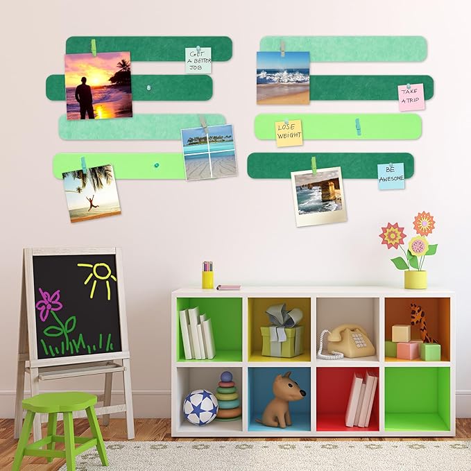 8 Pcs Felt Pin Board Bar Strips Bulletin Board 50 Pushpins and 10 Wooden Clip Pins Self Adhesive Cork Boards for Offices Home Wall Display Photos, Paste Notes, Schedules(Green)