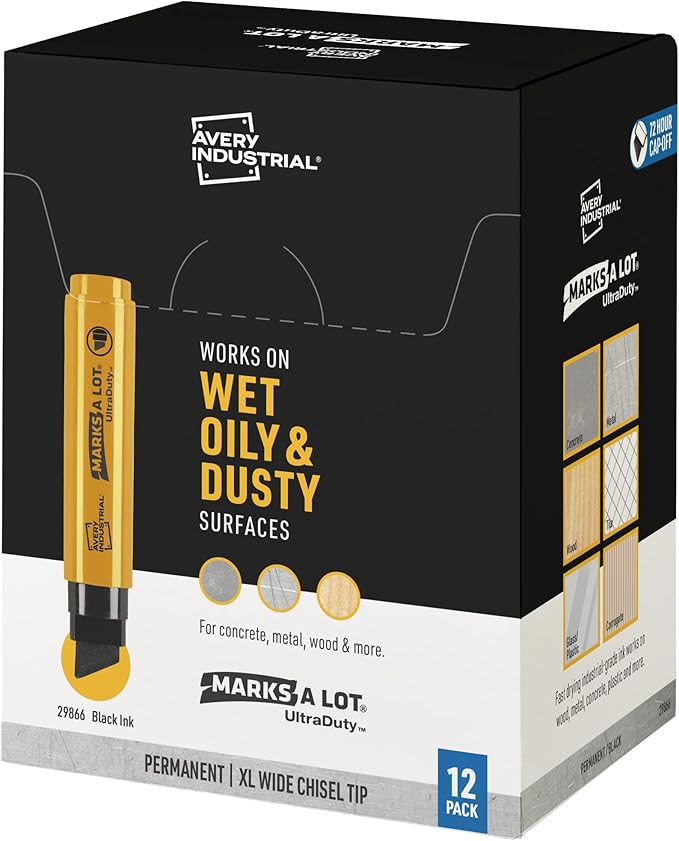 Avery Marks A Lot UltraDuty Permanent Markers, XL Wide 18mm Chisel Tip, Water Resistant, 12 Black Industrial Markers (29866)