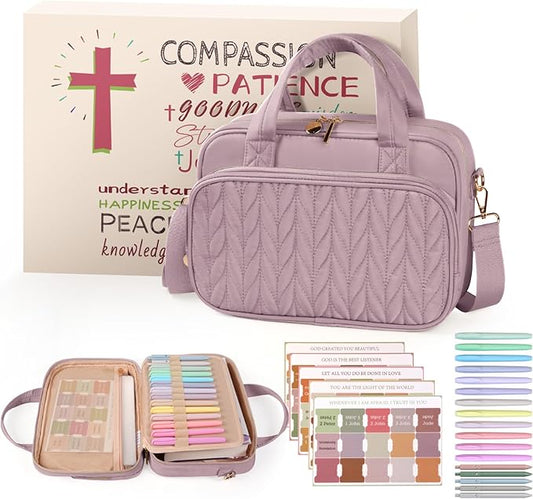 Bible Cover Case for Women, Large Bible Bag with Study Supplies, Bible Journaling Kit with Highlighters and Pens No Bleed, Christian Gift for Women (Shoulder Strap, Dusky Rose)